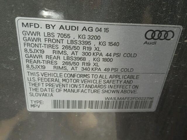 WA1LMAFE2FD022796 - 2015 AUDI Q7 TDI GRAY photo 10