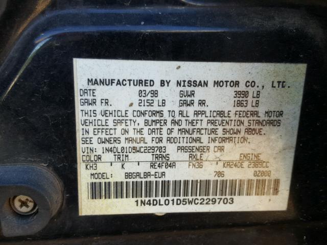 1N4DL01D5WC229703 - 1998 NISSAN ALTIMA XE BLACK photo 10