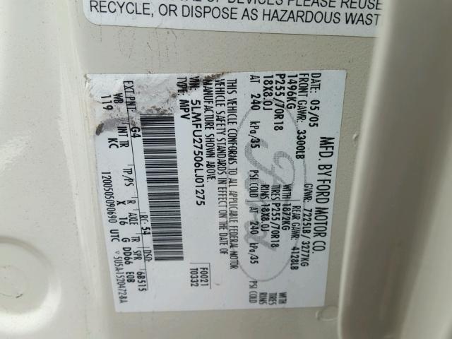 5LMFU27506LJ01275 - 2006 LINCOLN NAVIGATOR WHITE photo 10