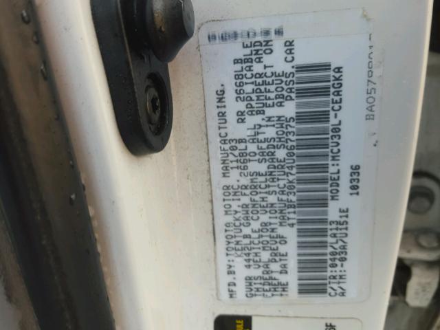 4T1BF30K74U067375 - 2004 TOYOTA CAMRY LE WHITE photo 10