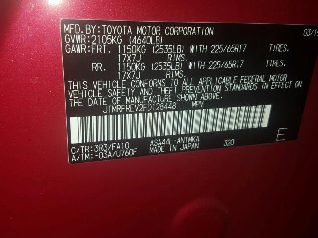 JTMRFREV2FD128448 - 2015 TOYOTA RAV4 XLE RED photo 10