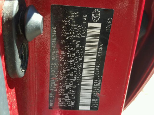 4T1BK46K68U067043 - 2008 TOYOTA CAMRY LE წითელი ფოტო 10