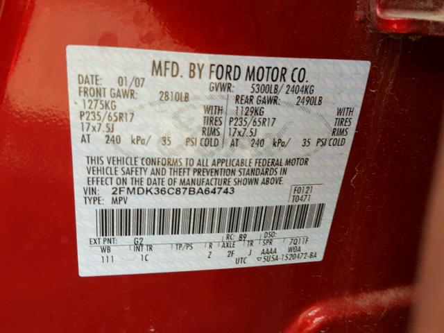 2FMDK36C87BA64743 - 2007 FORD EDGE SE RED photo 10