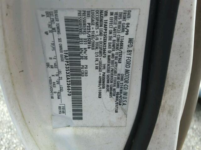 1FAFP53S3XA236670 - 1999 FORD TAURUS SE WHITE photo 10