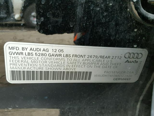 WAUDH74F06N122920 - 2006 AUDI A6 3.2 QUA BLACK photo 10