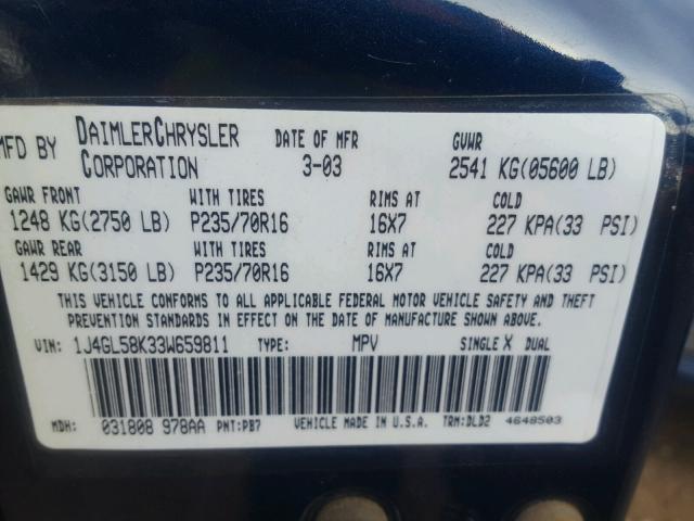 1J4GL58K33W659811 - 2003 JEEP LIBERTY LI BLUE photo 10