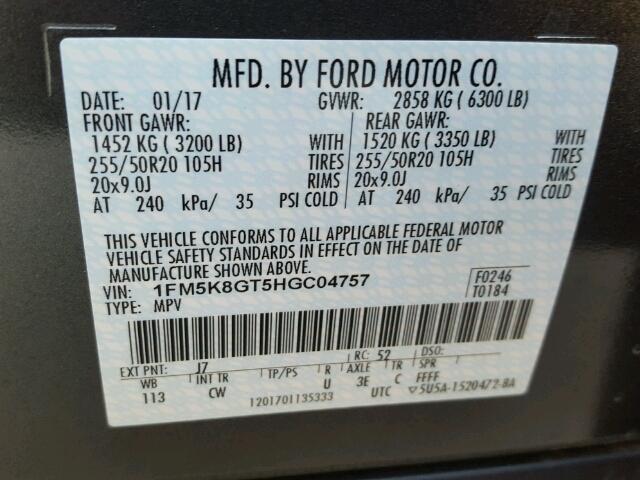 1FM5K8GT5HGC04757 - 2017 FORD EXPLORER S 灰色 照片 10