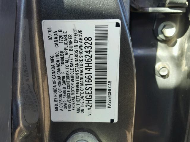 2HGES16614H624328 - 2004 HONDA CIVIC GRAY photo 10