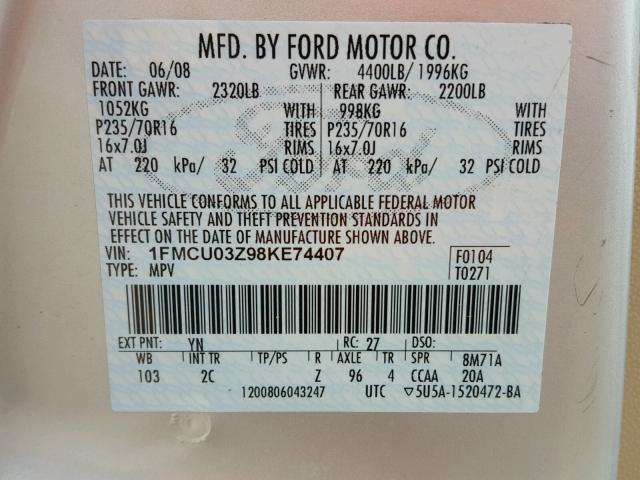 1FMCU03Z98KE74407 - 2008 FORD ESCAPE SILVER photo 10