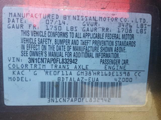 3N1CN7AP0FL832942 - 2015 NISSAN VERSA S GRAY photo 10