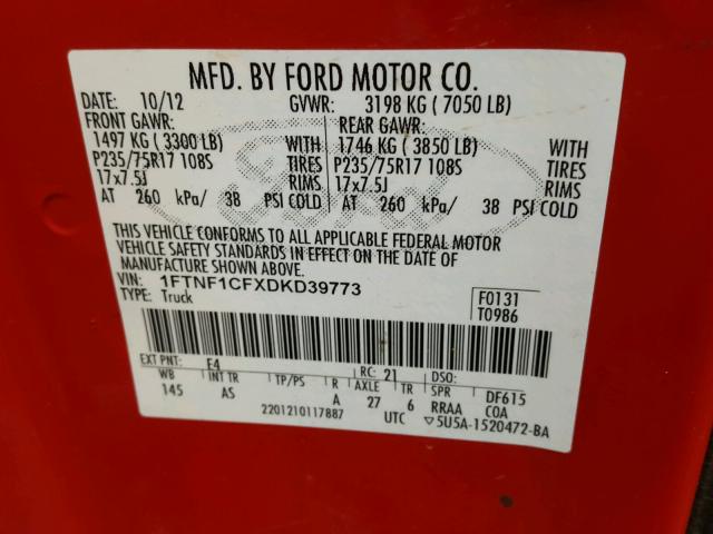 1FTNF1CFXDKD39773 - 2013 FORD F150 RED photo 10