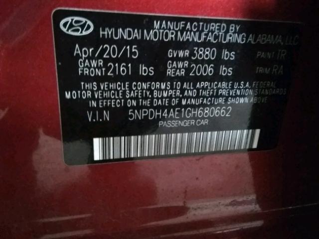 5NPDH4AE1GH680662 - 2016 HYUNDAI ELANTRA SE RED photo 10