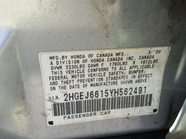 2HGEJ6615YH562491 - 2000 HONDA CIVIC BASE Gümüş foto 10