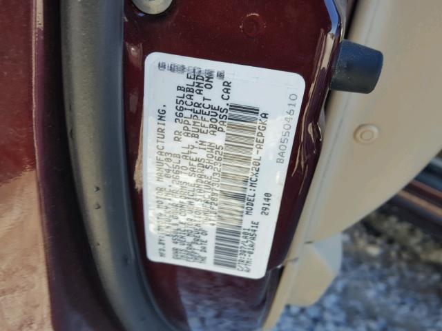 4T1BF28B73U323625 - 2003 TOYOTA AVALON XL MAROON photo 10