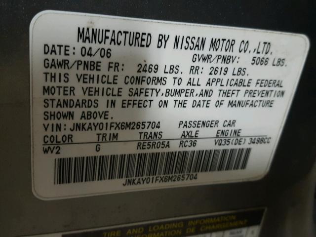 JNKAY01FX6M265704 - 2006 INFINITI M35 BASE GRAY photo 10