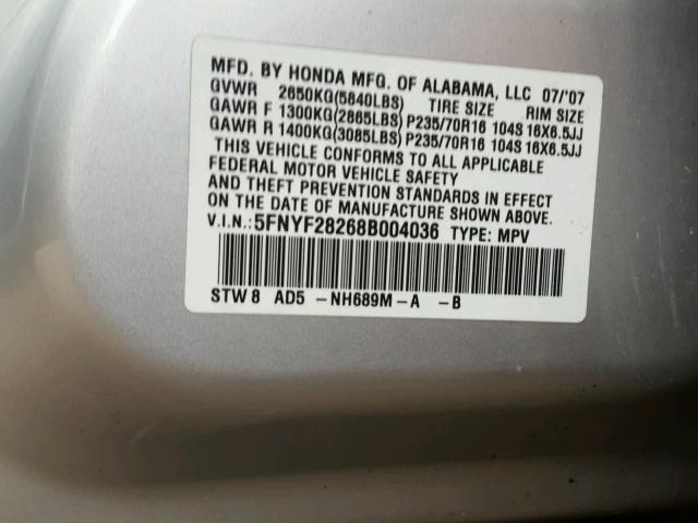 5FNYF28268B004036 - 2008 HONDA PILOT VP SILVER photo 10