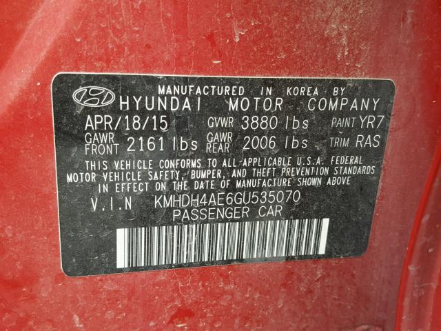 KMHDH4AE6GU535070 - 2016 HYUNDAI ELANTRA SE RED photo 10