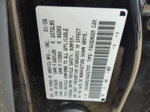 19UUA66216A027707 - 2006 ACURA 3.2TL BLACK photo 10