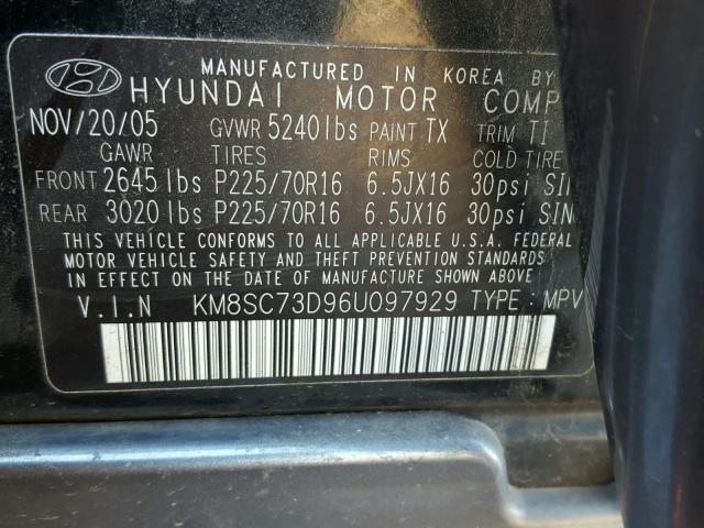 KM8SC73D96U097929 - 2006 HYUNDAI SANTA FE G BLACK photo 10