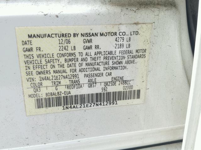 1N4AL21E27N412991 - 2007 NISSAN ALTIMA 2.5 WHITE photo 10