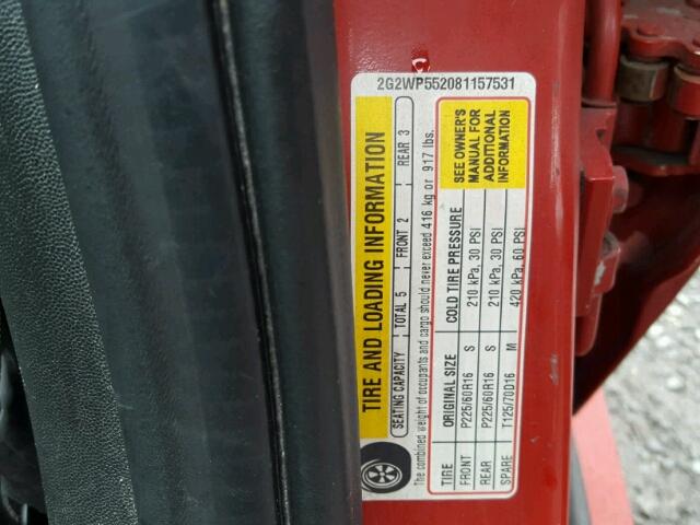 2G2WP552081157531 - 2008 PONTIAC GRAND PRIX Червоний фото 10