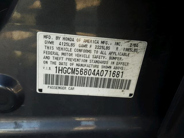 1HGCM56804A071681 - 2004 HONDA ACCORD EX GRAY photo 10