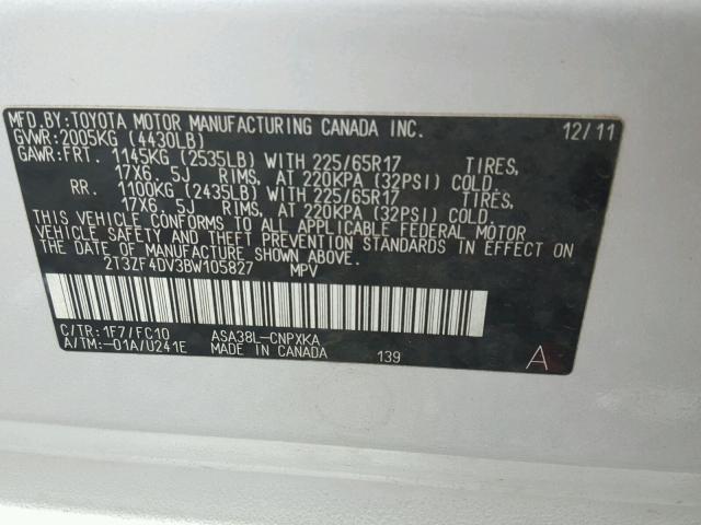 2T3ZF4DV3BW105827 - 2011 TOYOTA RAV4 SILVER photo 10