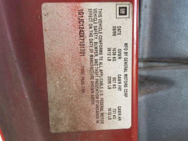 1G1JC1242X7101701 - 1999 CHEVROLET CAVALIER B RED photo 10