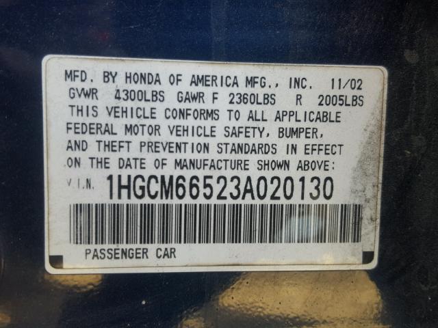 1HGCM66523A020130 - 2003 HONDA ACCORD BLUE photo 10