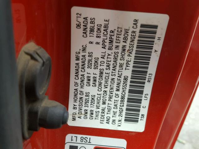 2HGFG3B86CH552680 - 2012 HONDA CIVIC EX RED photo 10