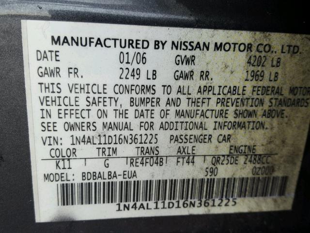 1N4AL11D16N361225 - 2006 NISSAN ALTIMA S GRAY photo 10