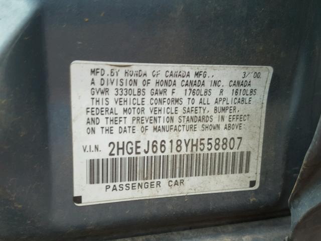 2HGEJ6618YH558807 - 2000 HONDA CIVIC BASE TEAL photo 10