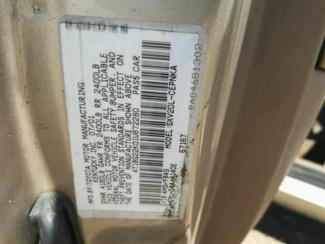 4T1BG22K01U872280 - 2002 TOYOTA CAMRY CE/L TAN photo 10