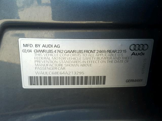 WAULC68E64A213295 - 2004 AUDI A4 GRAY photo 10