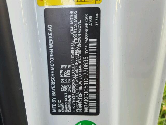 WBAKE3C51CE770635 - 2012 BMW 328 WHITE photo 10