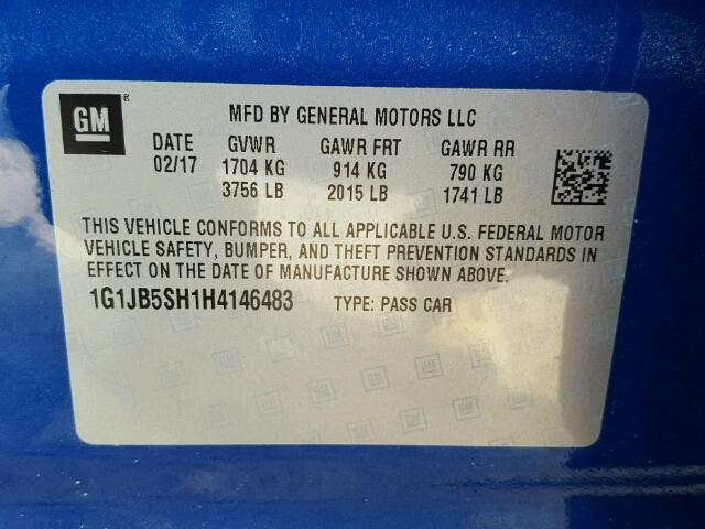 1G1JB5SH1H4146483 - 2017 CHEVROLET SONIC LS 蓝色 照片 10