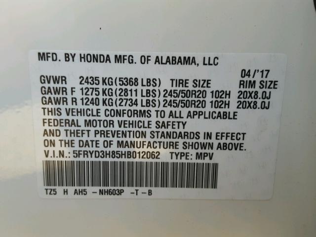 5FRYD3H85HB012062 - 2017 ACURA MDX ADVANC 白色 照片 10