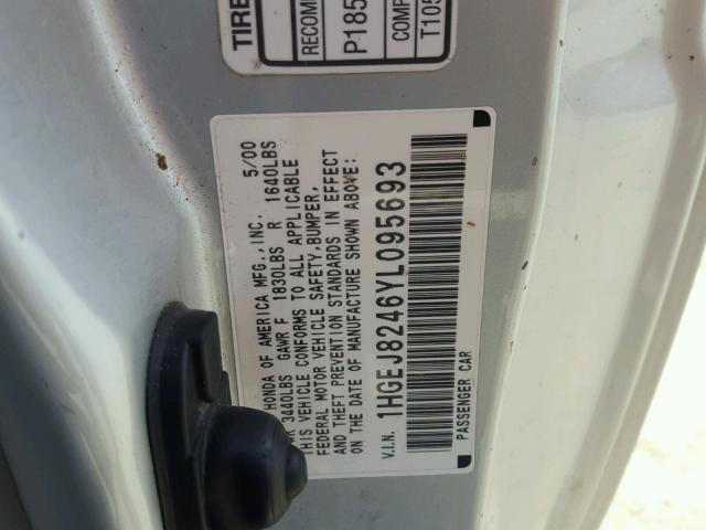 1HGEJ8246YL095693 - 2000 HONDA CIVIC EX SILVER photo 10