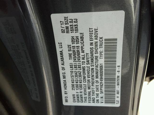 5FPYK2F49HB009061 - 2017 HONDA RIDGELINE GRAY photo 10