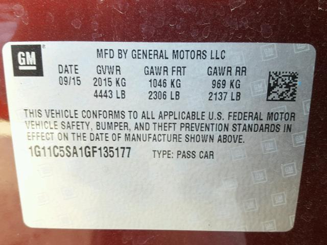 1G11C5SA1GF135177 - 2016 CHEVROLET MALIBU LIM 红色 照片 10