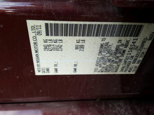 1N4AL2AP5CC158541 - 2012 NISSAN ALTIMA BAS MAROON photo 10