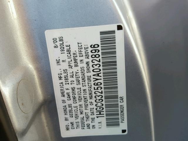 1HGCG3256YA032896 - 2000 HONDA ACCORD GRAY photo 10