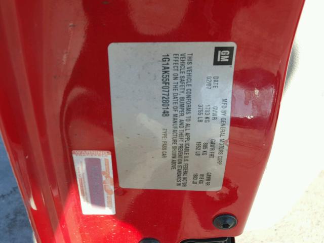 1G1AK55F077280148 - 2007 CHEVROLET COBALT LS RED photo 10