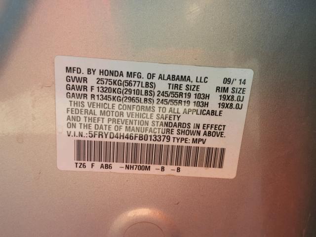 5FRYD4H46FB013379 - 2015 ACURA MDX SILVER photo 10