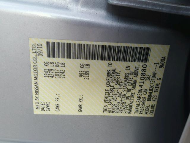 1N4AL2AP2BN410880 - 2011 NISSAN ALTIMA BAS SILVER photo 10