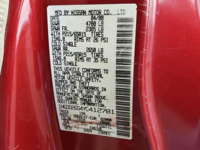 1N6DD26S4YC412701 - 2000 NISSAN FRONTIER K RED photo 10