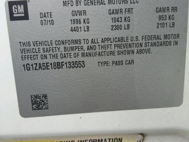 1G1ZA5E18BF133553 - 2011 CHEVROLET MALIBU LS WHITE photo 10