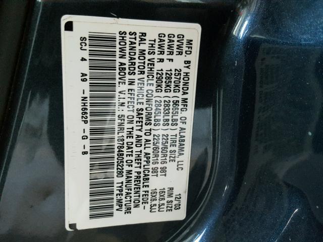 5FNRL18784B052280 - 2004 HONDA ODYSSEY EX BLUE photo 10