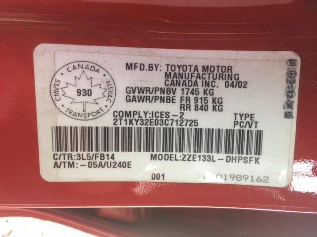 2T1KY32E03C712725 - 2003 TOYOTA COROLLA MA RED photo 9