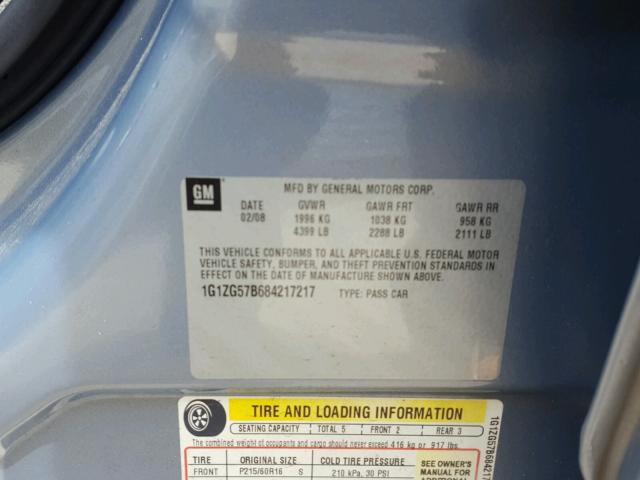 1G1ZG57B684217217 - 2008 CHEVROLET MALIBU LS Mavi foto 10